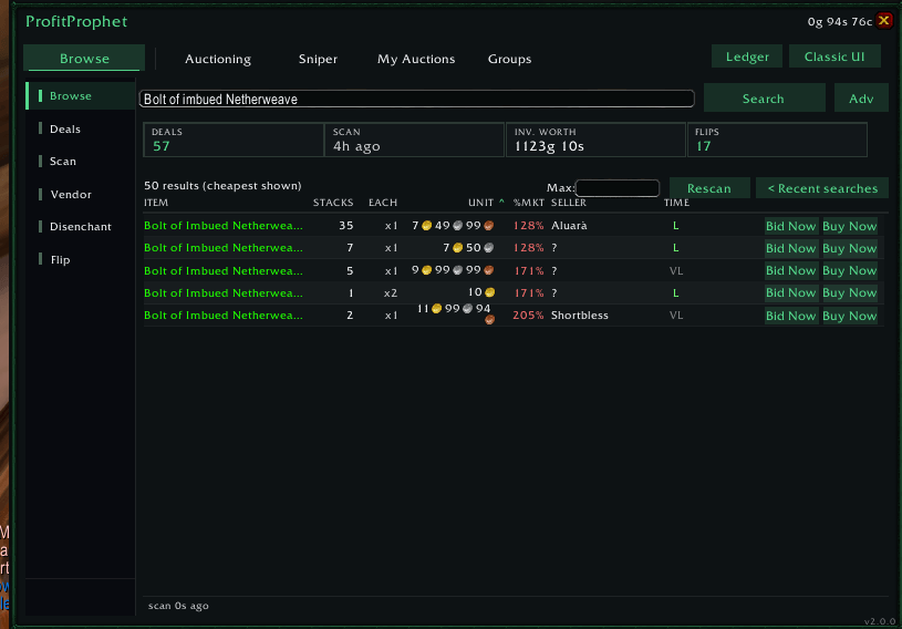 ProfitProphet Browse tab: live Auction House search results for an item.