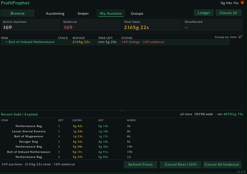 ProfitProphet My Auctions tab: active listings, undercut status and recent sold history.