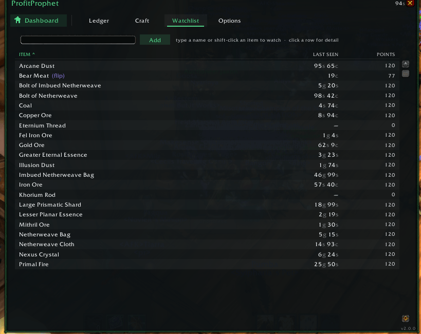 ProfitProphet Watchlist tab: tracked items with last-seen prices, populated from this account's own scans.